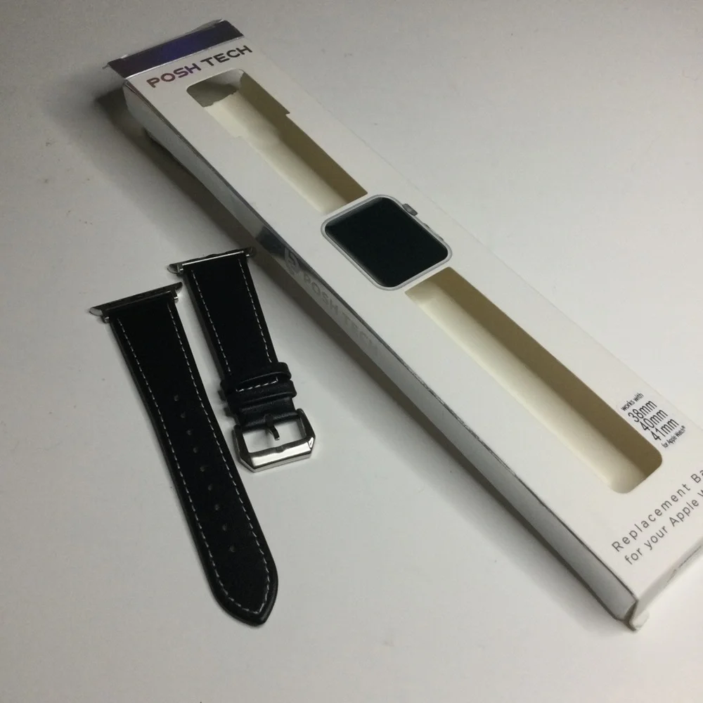 POSH TECH STITCHED LEATHER STRAP BAND FOR APPLE WATCH 38/40 BLACK UNISEX NWT